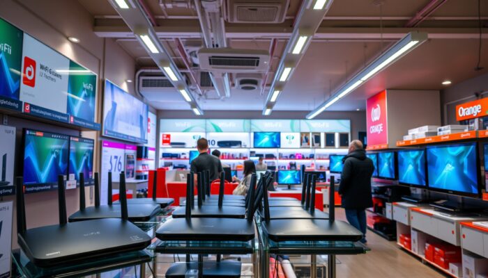 Sklep elektroniczny w Polsce prezentuje smuk?e routery Wi-Fi 6 marek Orange i Play, z klientami przegl?daj?cymi opcje szybkiego internetu dla domu i biura.