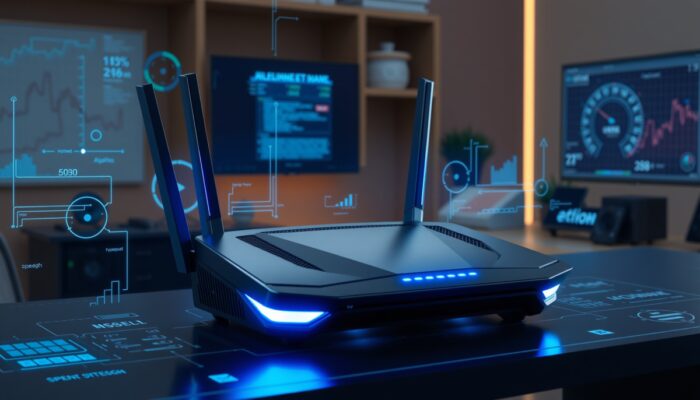 Elegancki router z wieloma antenami, niebieskimi diodami LED i czarn? metalow? obudow? na nowoczesnym biurku, otoczony strumieniami danych i holograficznymi wykresami pr?dko?ci w futuristycznym biurze.