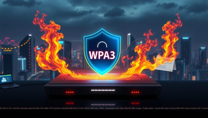 Bezpieczny router z cyfrow? tarcz? WPA3, otoczony p?omiennymi firewalle'ami, odpieraj?cymi cyberzagrożenia w nowoczesnym polskim mie?cie.