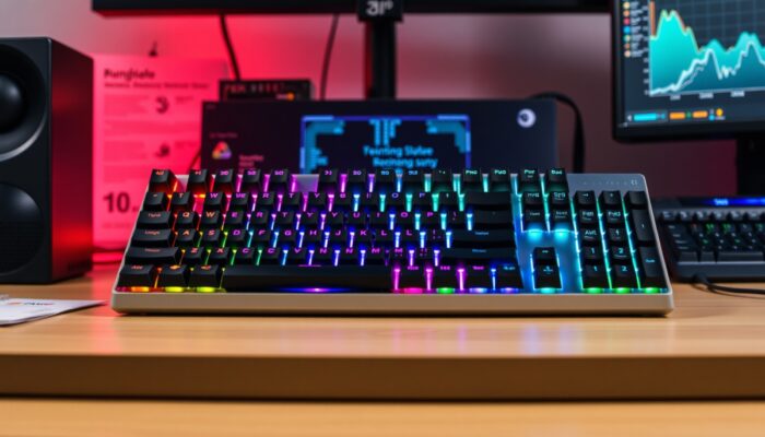 Nowoczesna klawiatura mechaniczna z pod?wietleniem RGB, prze??cznikami Cherry MX, ergonomicznym wsparciem, na biurku w stylu lat 90. w Polsce.