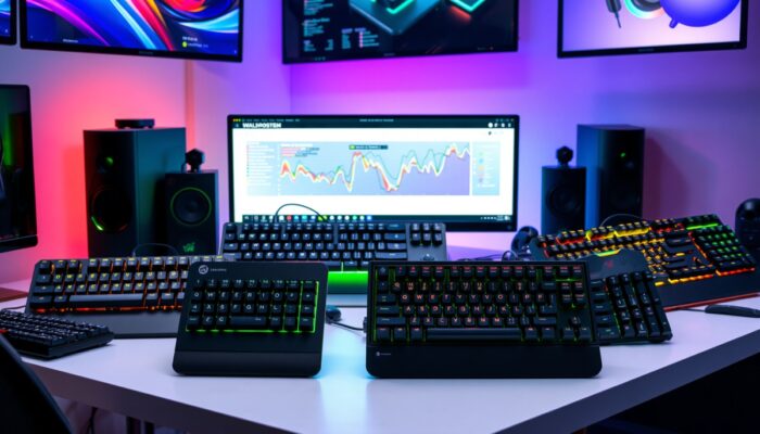 Wibruj?ca ekspozycja klawiatur mechanicznych od Logitech, Razer, Corsair, SteelSeries, Modecom i Tracer na eleganckim biurku z RGB i neonami.