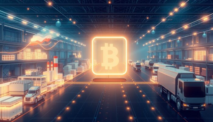 Futurystyczny polski hub ?a?cucha dostaw z ?wiec?cymi blokami blockchain, tworz?cymi bezpieczn? sie? ??cz?c? fabryki, ci?żarówki i magazyny dla transparentnych transakcji oraz redukcji kosztów.