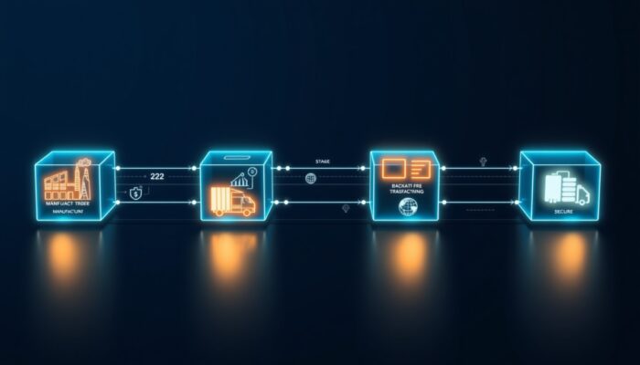 Futurystyczna ilustracja blockchainu w ?a?cuchu dostaw: po??czone ?wiec?ce bloki z etapami produkcji, transportu i dostawy, bezpiecznymi danymi oraz ikonami fabryk i ci?żarówek, podkre?laj?cymi przejrzysto?? i efektywno??.