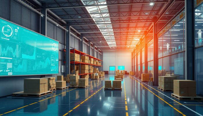Futurystyczny magazyn polski z blockchainem, czujnikami IoT, algorytmami AI i chmur?, automatyzuj?cy umowy w e-commerce.