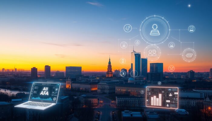 Futurystyczny skyline Warszawy o zmierzchu z holograficznymi interfejsami AI, algorytmami na laptopach i ikonami sektorów IT, finansów oraz zdrowia, symbolizuj?c innowacj? w polskich firmach.