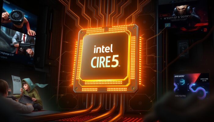 Szczegó?owa ilustracja ?wiec?cego procesora jako serca komputera, z Intel Core i5 i AMD Ryzen 5, otoczona scenami gier, edycj? wideo, wentylatorami i zasilaniem.