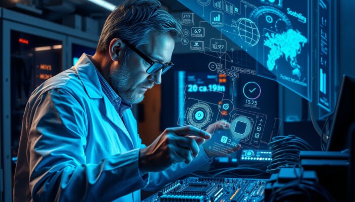 Do?wiadczony ekspert technologiczny w nowoczesnym laboratorium bada sprz?t komputerowy z hologramami i danymi, o?wietlony niebieskim ?wiat?em.