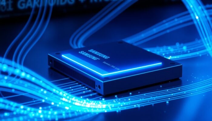 Samsung 970 EVO Plus SSD z niebieskimi neonowymi ?wiat?ami, otoczony strumieniami szybkich cz?stek danych, symbolizuj?cy lepsz? wydajno?? niż HDD.