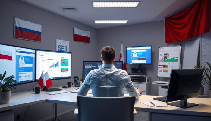 Scena w polskim biurze: menedżer mediów spo?eczno?ciowych przy biurku, otoczony ekranami z Facebookiem i Instagramem, analizuj?cy wykresy zaangażowania i planuj?cy posty w?ród flag narodowych.