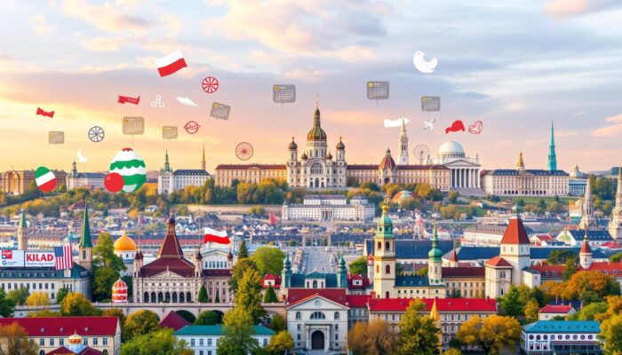 Cyfrowy planer kalendarza dla postów w Polsce: ikony ?wi?t jak Wielkanoc, wydarzenia kulturalne, pod skyline?em Warszawy.
