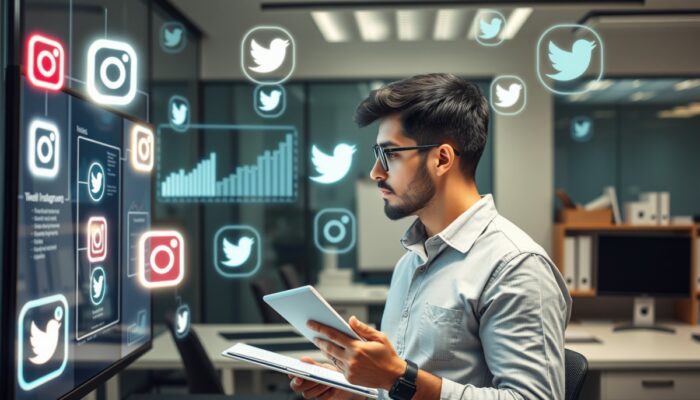 Skoncentrowany marketer w nowoczesnym biurze, otoczony holograficznymi ikonami social media, analizuje wykresy na ekranie, z notatnikiem w d?oni.