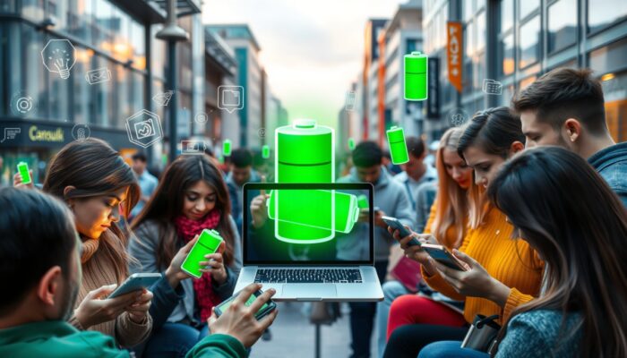 Żywa scena w nowoczesnym polskim mie?cie: ludzie używaj? smartfonów i laptopów z zielonymi, ?wiec?cymi bateriami, symbolizuj?c efektywno?? energii od ePliki.com.pl.