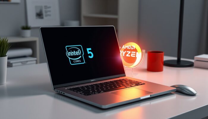 Elegancki laptop na nowoczesnym biurku, z procesorem o czterech rdzeniach i logami Intel Core i5 oraz AMD Ryzen 5, symbolizuj?cy efektywn? prac? zdaln?.