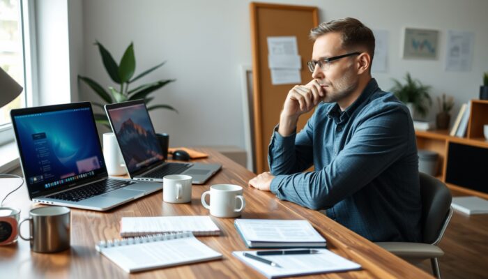 Profesjonalista w home office porównuje laptopy na biurku, otoczony kaw?, notatnikami i ?wiat?em z okna, idealny do pracy zdalnej.