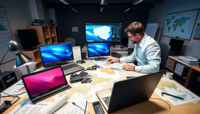 Polski ekspert w nowoczesnym biurze analizuje laptopy Asus i Acer na biurku z wydrukami forów, mapami Polski i narz?dziami technicznymi.