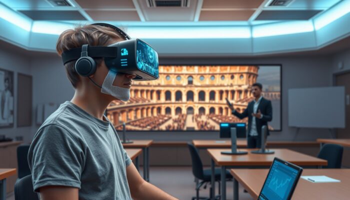 Ucze? w futurystycznej klasie z zestawem VR eksploruje Koloseum, interakuj?c z hologramowymi gladiatorami, pod okiem nauczyciela.