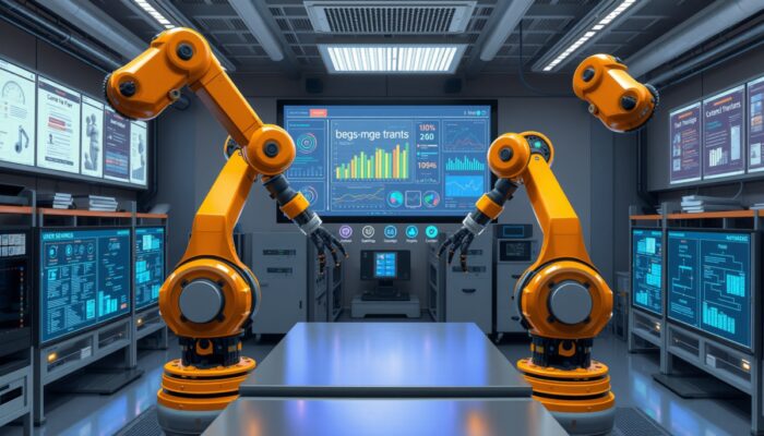 Laboratorium high-tech z robotycznymi ramionami symuluj?cymi interakcje z interfejsem UI, pokazuj?ce grafy wykrywania b??dów, ruroci?gi CI/CD i ikony oszcz?dno?ci czasu, redukcji kosztów oraz poprawy jako?ci oprogramowania.
