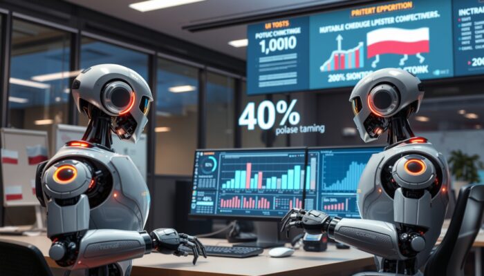 Scena biura high-tech: roboty automatyzuj?ce testy UI, wykrywaj?ce b??dy, wykresy z 40% wzrostem produktywno?ci, zadowolone zespo?y i flagi polskie symbolizuj?ce konkurencyjno??.