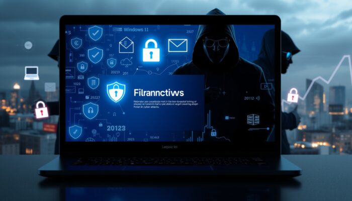 Ekran laptopa z Windows 11 instaluj?cego aktualizacj? bezpiecze?stwa, otoczony tarczami i zamkami, z hakerami i e-mailami phishingowymi w tle, na tle polskiego miasta z rosn?cym wykresem cyberataków 2022.