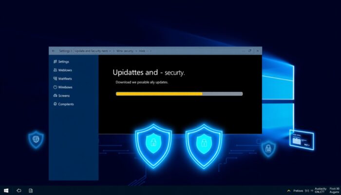 Szczegó?owy ekran Windows 11 z otwartymi Ustawieniami: zak?adka Aktualizacja i zabezpieczenia, pobieranie aktualizacji w pasku post?pu, otoczone tarczami bezpiecze?stwa i niebieskimi ikonami.