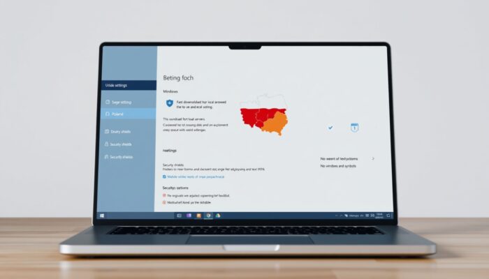 Elegancki interfejs Windows 11 na ekranie laptopa, z ustawieniami aktualizacji, map? Polski, strza?kami pobierania i tarczami bezpiecze?stwa.