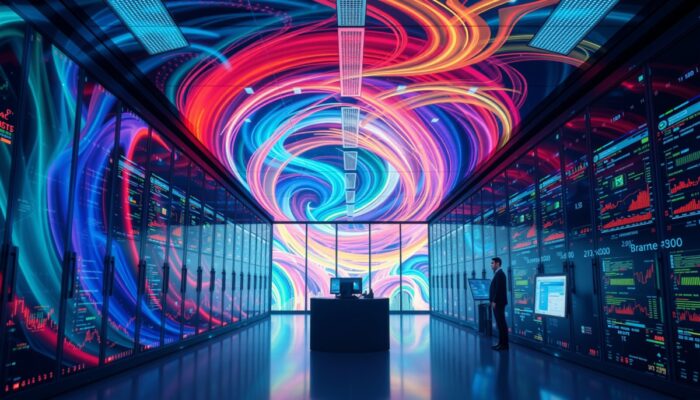 Futurystyczne centrum danych w Polsce: wiruj?ce strumienie danych w żywych kolorach, przep?ywy w czasie rzeczywistym i analitycy z narz?dziami do optymalizacji biznesu.