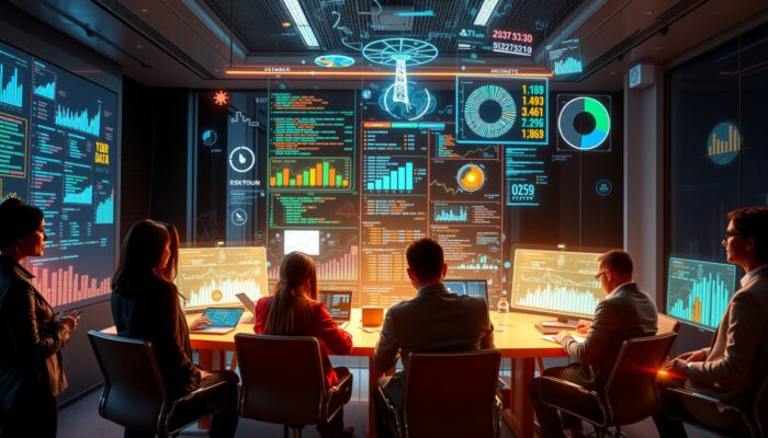 Futurystyczny pokój konferencyjny z ekspertami dyskutuj?cymi o narz?dziach big data po?ród holograficznych wykresów i strumieni danych.