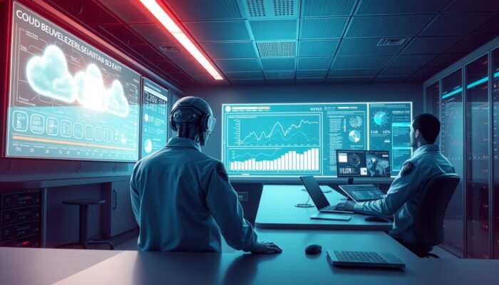 Futurystyczne centrum danych w Polsce: eksperci AI analizuj? big data na holograficznych ekranach z sieciami chmurowymi, automatyzacj? procesów i wizualizacjami w czasie rzeczywistym.