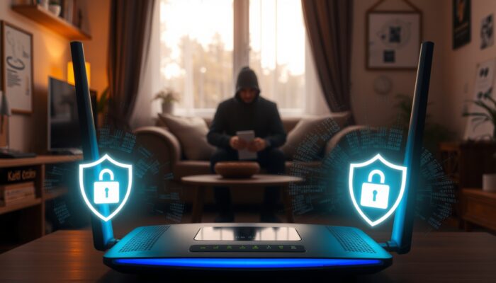 Nowoczesny router Wi-Fi w przytulnym polskim salonie, otoczony tarczami szyfrowania i firewalli, z cieni?cymi si? hakerami na zewn?trz, symbolizuj?c obron? przed cyberzagrożeniami.