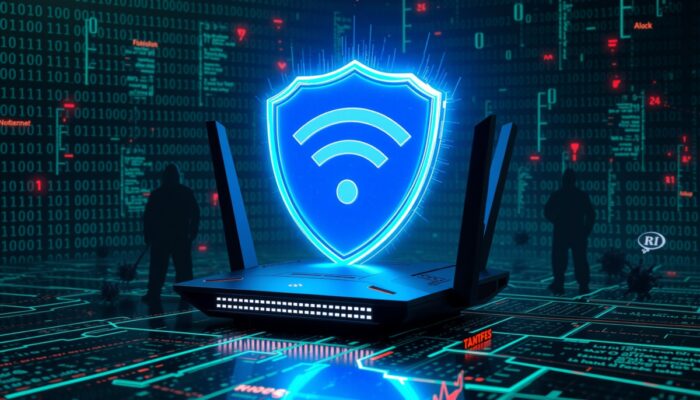 Futurystyczny router Wi-Fi z niebiesk? tarcz?, odpieraj?cy hakerów i wirusy w cyfrowym ?wiecie, symbolizuj?cy bezpiecze?stwo sieci w stylu cyberpunk.