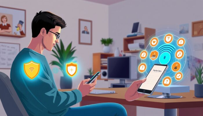 Ilustracja: Polski użytkownik w nowoczesnym biurze domowym zarz?dza bezpiecze?stwem Wi-Fi na smartfonie, z ikonami tarcz i routerem w niebieskiej aurze.