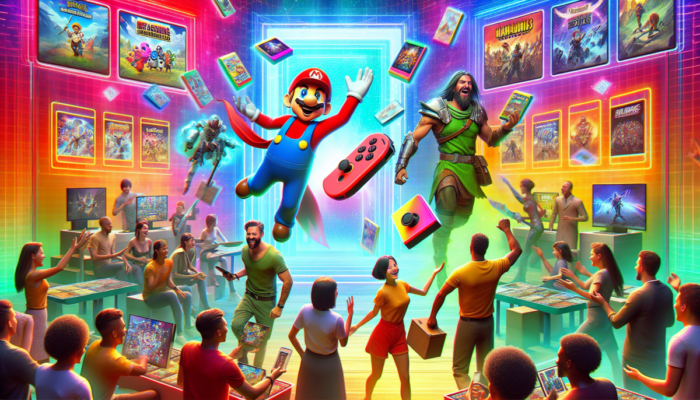 Nowe gry na Nintendo Switch z Mario i Linkiem, kolorowe pude?ka i rado?ni gracze na wystawie.