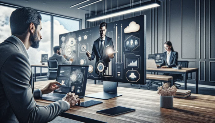 Nowoczesne biuro w Polsce, profesjonali?ci korzystaj?cy z Salesforce CRM na różnych urz?dzeniach, integracja z lokalnymi systemami, dostosowywalne interfejsy dla różnych branż.