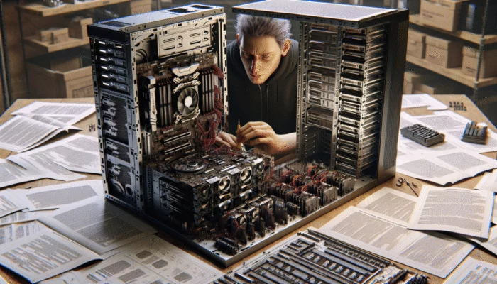 Osoba w warsztacie technicznym, otoczona cz??ciami komputerowymi, dostosowuje ustawienia na wydajnym PC do overclockingu.