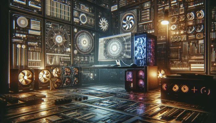 Komputer z testami Prime95 i AIDA64, wykresy, wentylatory, sprz?t do overclockingu w ciemnym pomieszczeniu.
