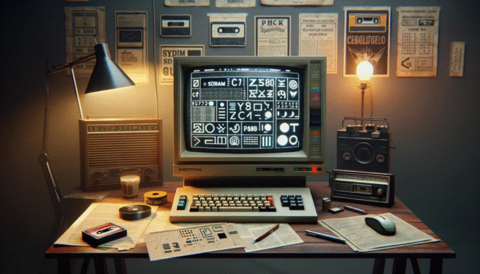 Stary polski komputer z lat 90. z SDRAM, wy?wietlaj?cy edytor tekstu i przegl?dark? internetow?.