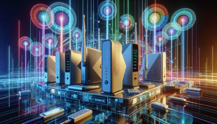 Nowoczesne wn?trze domu z w?z?ami Wi-Fi mesh od TP-Link, Netgear i Asus, ?wiec?cymi w jaskrawych kolorach, ilustruj?cymi zaawansowane zarz?dzanie pasmem i p?ynn? ??czno??.