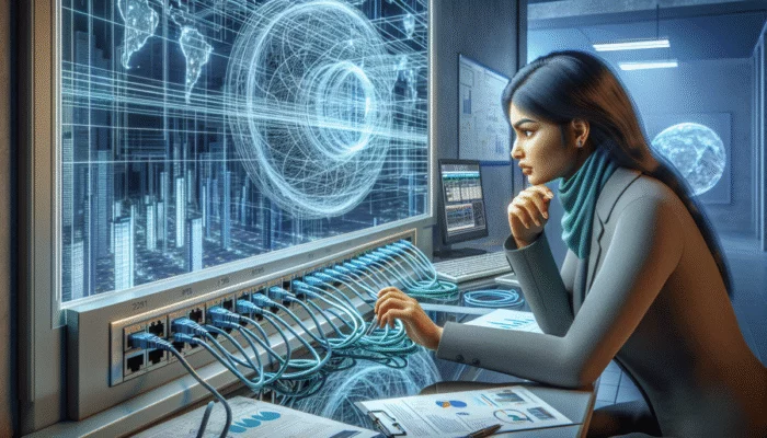 Technicy dok?adnie sprawdzaj? infrastruktur? sieciow?, gniazdka elektryczne i kable Ethernet przed instalacj? nowego systemu mesh.