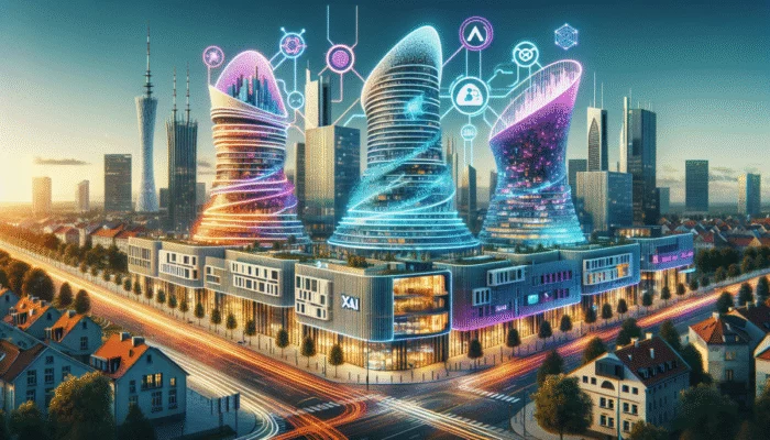 Nowoczesna panorama miasta w Polsce z trzema budynkami reprezentuj?cymi xAI, Aion Bank i NeuroSYS, z innowacyjnymi technologiami AI.