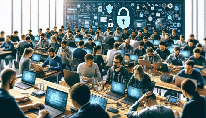 Grupa deweloperów na warsztatach z cyberbezpiecze?stwa w Polsce, uczestnicz?ca w praktycznych zaj?ciach z testowania bezpiecze?stwa i szyfrowania danych, prowadzonych przez ekspertów z OWASP i lokalnych firm szkoleniowych.