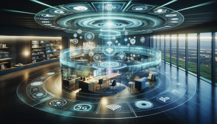 Futurystyczne biuro domowe z holograficznymi ekranami 5G, u?atwiaj?ce prac? zdaln? w?ród zieleni.