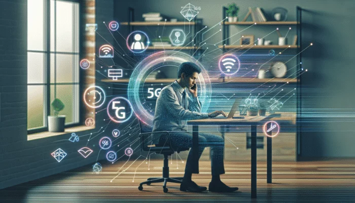 Nowoczesne biuro domowe z osob? pracuj?c? na laptopie, otoczon? holograficznymi ikonami szybkiego internetu 5G, zwi?kszaj?cymi efektywno?? pracy zdalnej i ??czno??.