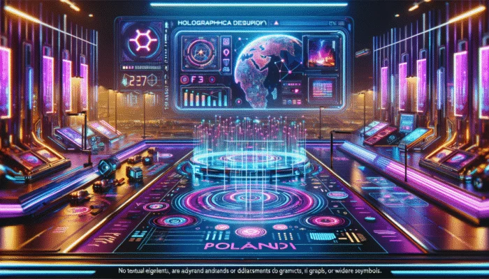 Nowoczesny interfejs gry wideo z zaawansowan? technologi? AI, hologramami i dynamicznymi elementami w neonowym ?rodowisku.