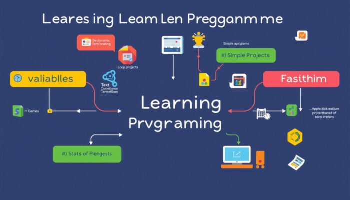 Infografika ilustruj?ca etapy nauki programowania, przedstawiaj?ca zmienne, p?tle, funkcje, proste projekty, aplikacje, gry i algorytmy w formie kolorowego diagramu z ikonami i strza?kami.
