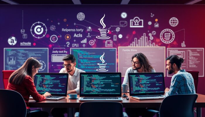 Grupa programistów pracuj?cych nad aplikacjami w j?zyku Java w nowoczesnym ?rodowisku, z laptopami wy?wietlaj?cymi kod, symbolami funkcjonalno?ci mi?dzyplatformowej i programowania obiektowego.