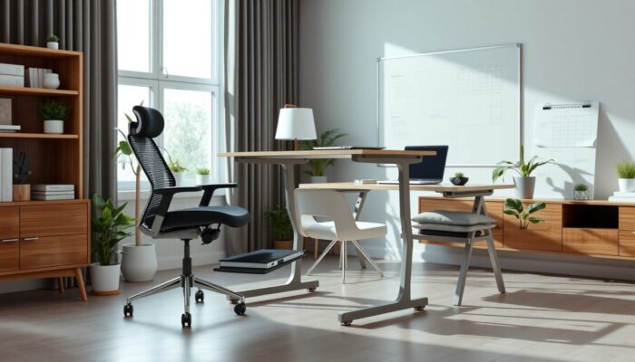 Nowoczesne domowe biuro z regulowanym biurkiem, ergonomicznym krzes?em z wsparciem l?dźwiowym, podpórk? pod stopy i poduszkami ortopedycznymi w stylowym, jasnym otoczeniu z ro?linami i laptopem.