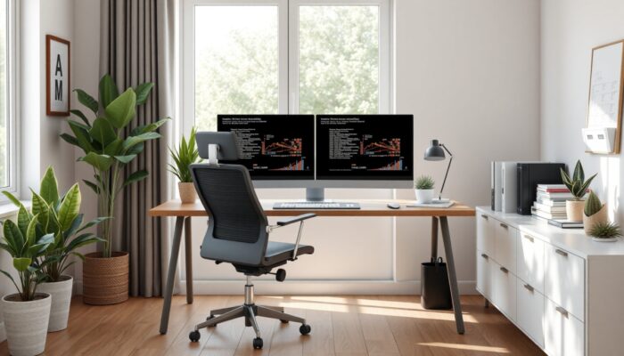 Modern home office setup with a stylish desk, ergonomic chair, dual monitors, decorative plants, and natural lighting.