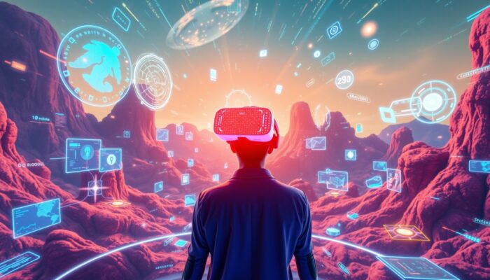 Użytkownik zanurzony w futurystycznej rzeczywisto?ci wirtualnej, otoczony przez kolorowy, cyfrowy krajobraz z unosz?cymi si? hologramami i interaktywnymi elementami.
