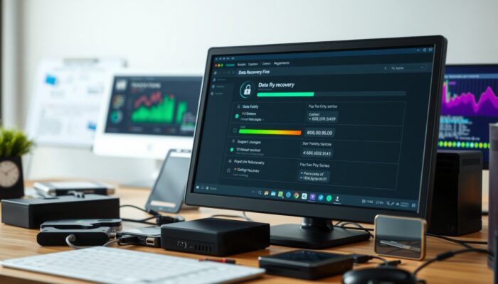 Interfejs oprogramowania do odzyskiwania danych na ekranie komputera, z widocznymi paskami post?pu i opcjami przywracania plików, otoczony różnymi no?nikami danych w nowoczesnym biurze.