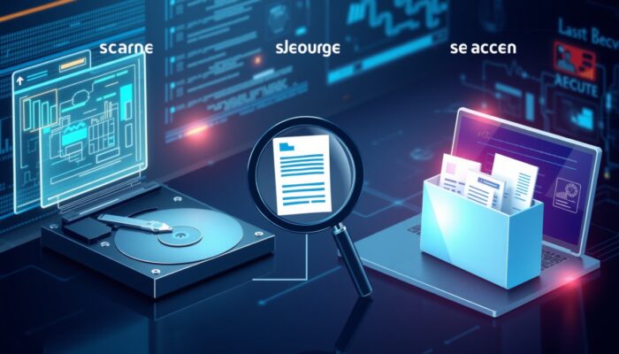 Ilustracja przedstawiaj?ca proces odzyskiwania danych z trzema etapami: skanowaniem, analiz? i przywracaniem plików, w nowoczesnym ?rodowisku technologicznym.